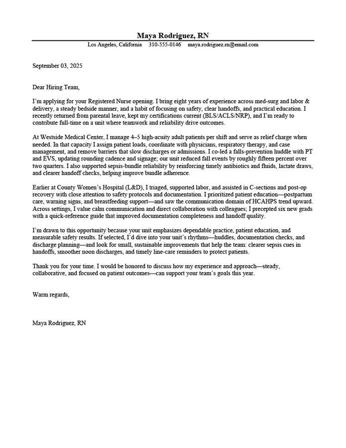 Registered nurse cover letter example that speaks to care quality, compliance, and team collaboration with one concrete patient result.