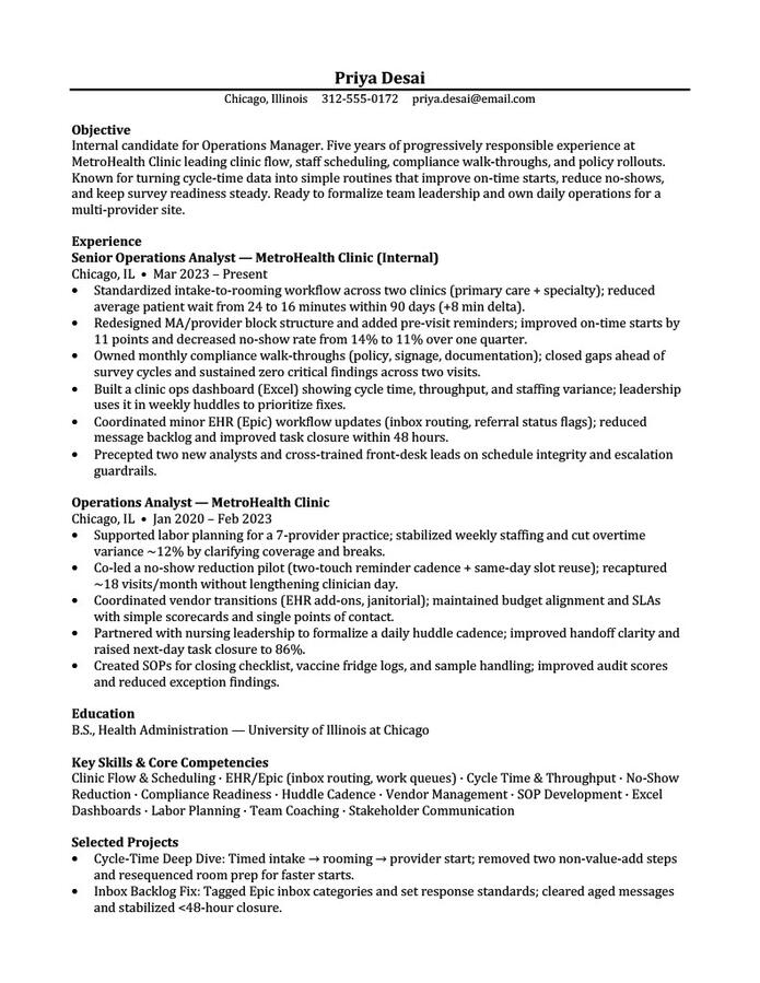 ATS‑optimized operations manager résumé for an internal promotion, highlighting leadership, process improvement, and results.