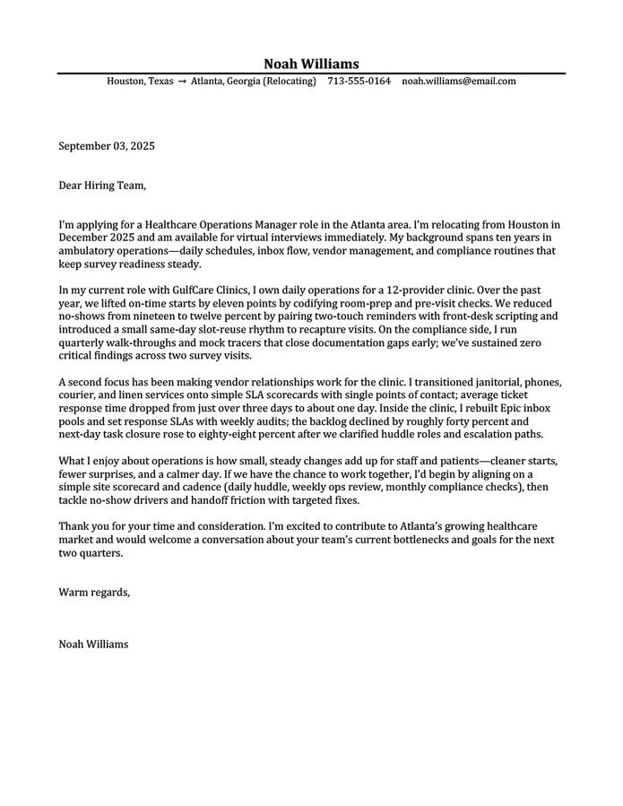 Relocation cover letter for healthcare operations leadership that aligns with service goals, metrics, and stakeholder coordination.