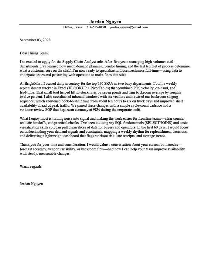 Career‑switch cover letter for supply chain analysis that connects prior experience to the role’s tools, processes, and outcomes.