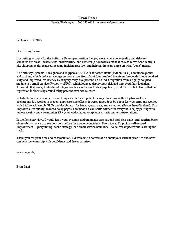Software developer cover letter example that mirrors the job posting, shows technical alignment, and proves outcomes concisely.