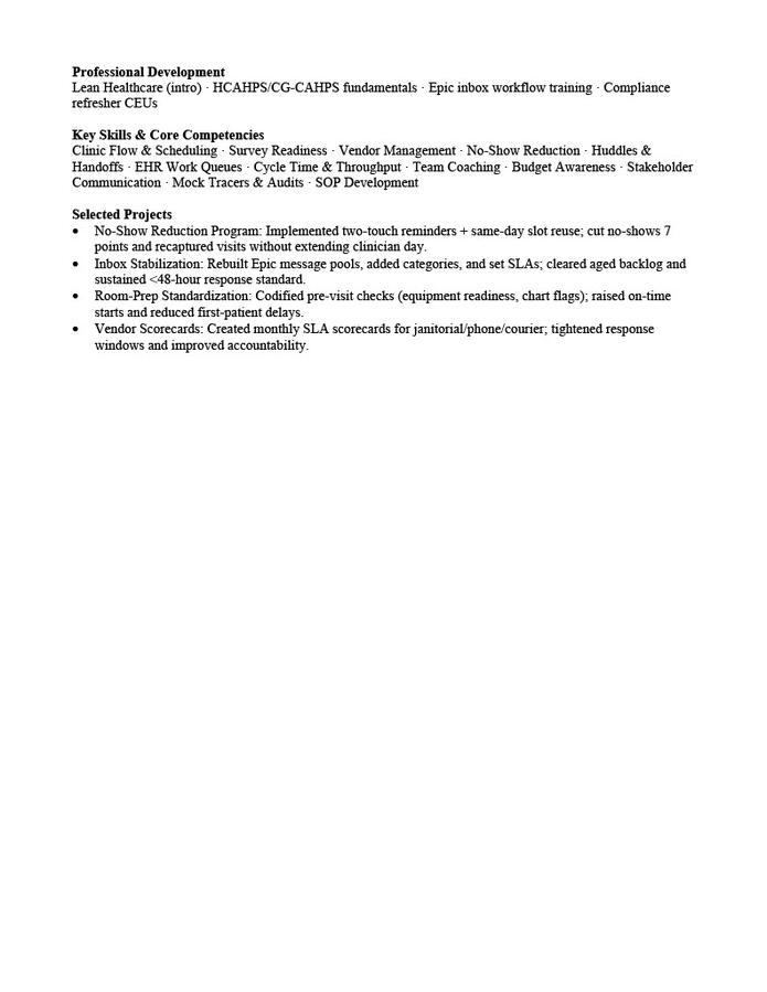 ATS‑friendly healthcare operations manager résumé indicating relocation, showing throughput, patient‑flow, and compliance results.