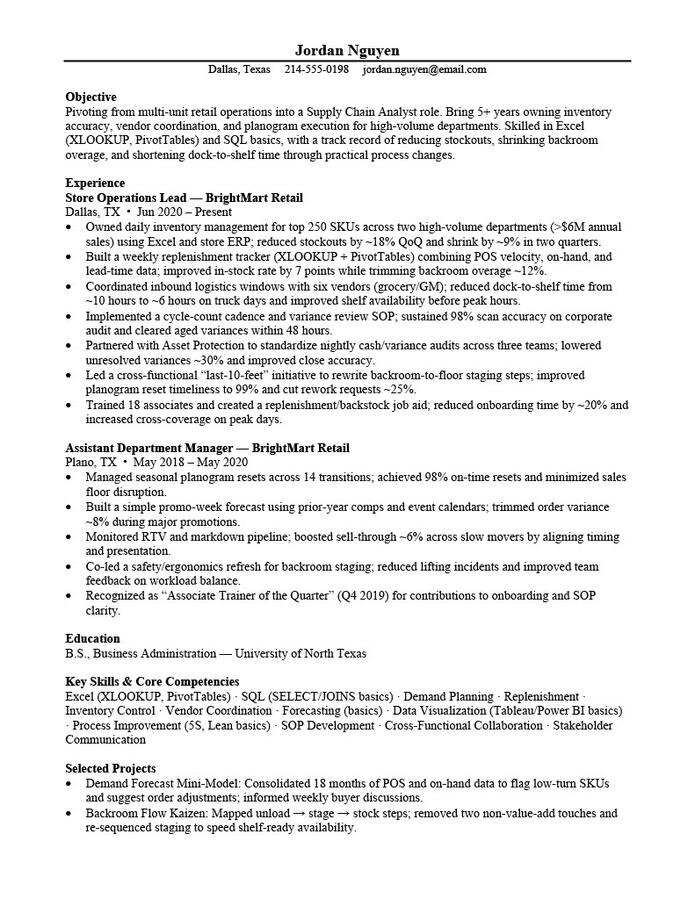 ATS‑friendly supply chain analyst résumé sample for a career switch, translating transferable skills into measurable logistics impact.