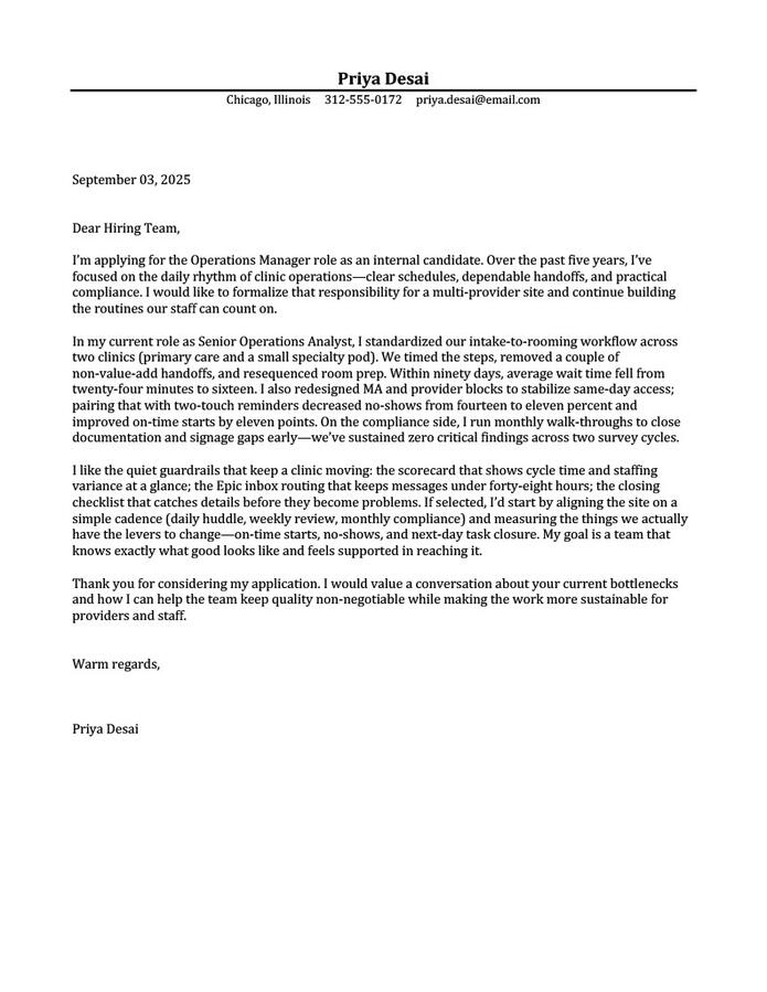 Internal‑promotion cover letter that ties current achievements to the new role’s priorities and outlines near‑term impact.