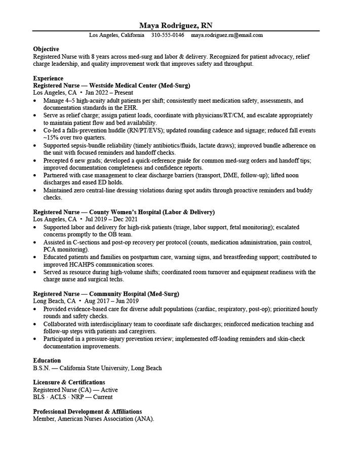 ATS‑ready RN résumé sample for an experienced nurse with 8 years across care settings, licensure details, and patient outcomes.