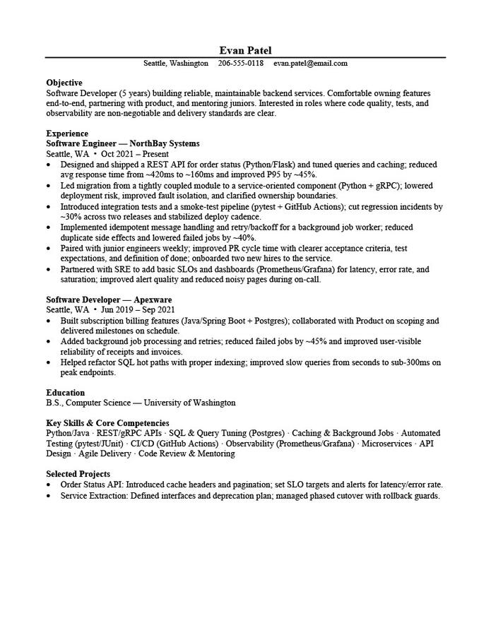 ATS‑optimized software developer résumé sample for 5 years of experience, highlighting languages, frameworks, and shipped results.