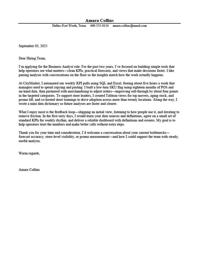 Business analyst cover letter example tailored to a posted role, aligning team priorities with one focused proof of impact.
