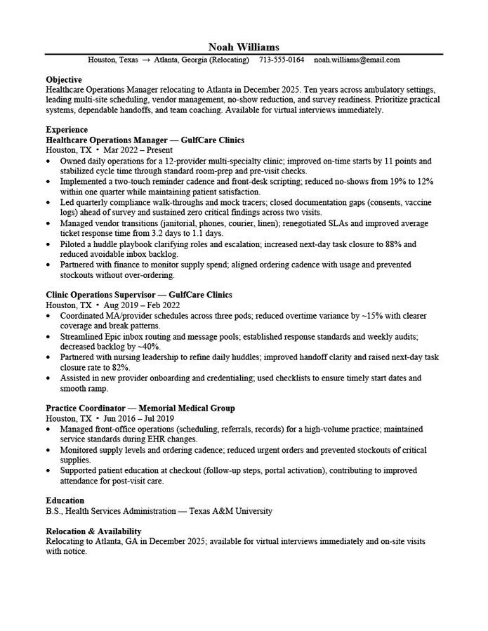 ATS‑friendly healthcare operations manager résumé indicating relocation, showing throughput, patient‑flow, and compliance results.